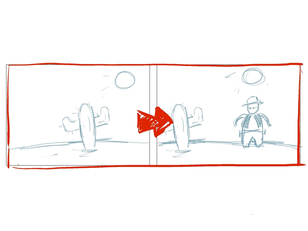 Storyboard drawing of a panning shot